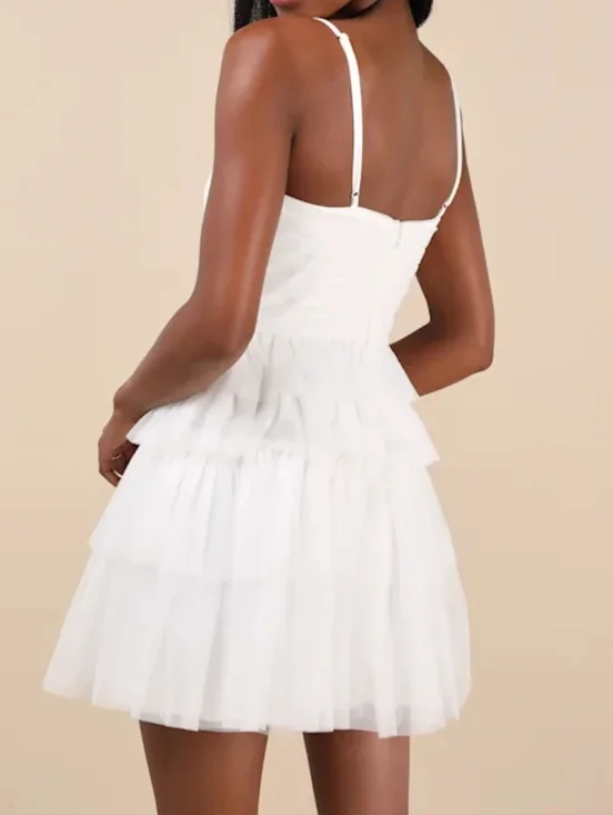 Lulus XS Special Poise White Tulle Pleated Sleeveless Tiered Mini Dress, Size XS - Picture 5 of 10